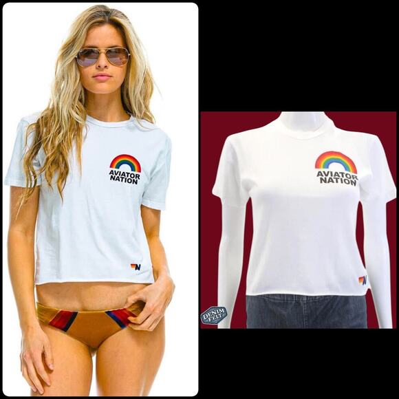 Aviator Nation Women’s White Rainbow Boyfriend Graphic Tee/T-Shirt | NEW/NWT!! - Picture 1 of 11